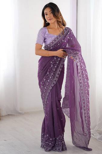 lavender color crunchy silk blend blend fabric embroidered partywear saree