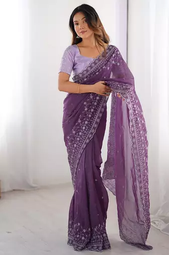 lavender color crunchy silk blend blend fabric embroidered partywear saree