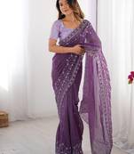 lavender color crunchy silk blend blend fabric embroidered partywear saree