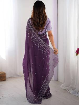 lavender crunchy silk blend blend embroidered partywear saree 2
