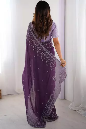 lavender crunchy silk blend blend embroidered partywear saree