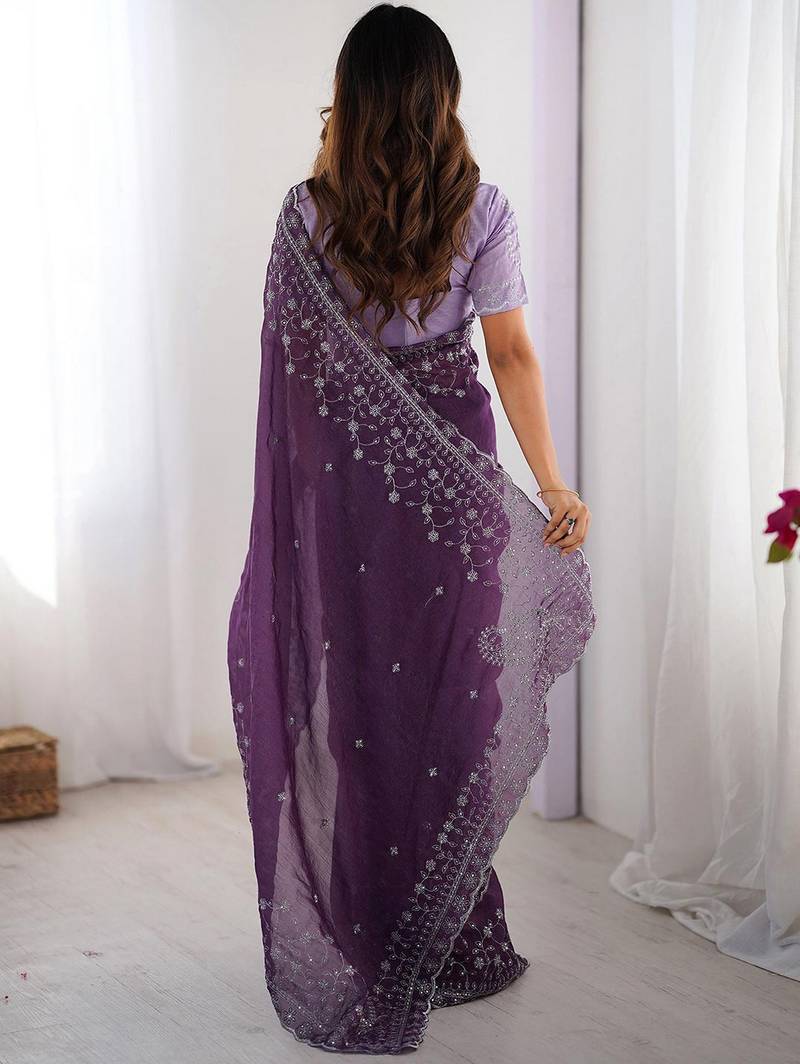 lavender color crunchy silk blend blend fabric embroidered partywear saree