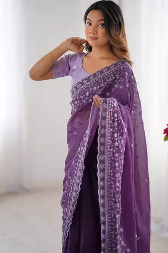 lavender crunchy silk blend blend embroidered partywear saree