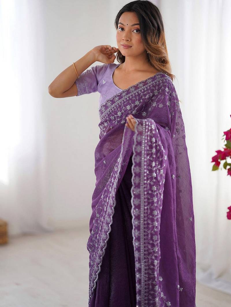 lavender color crunchy silk blend blend fabric embroidered partywear saree