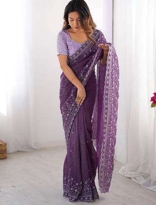lavender crunchy silk blend blend embroidered partywear saree 4