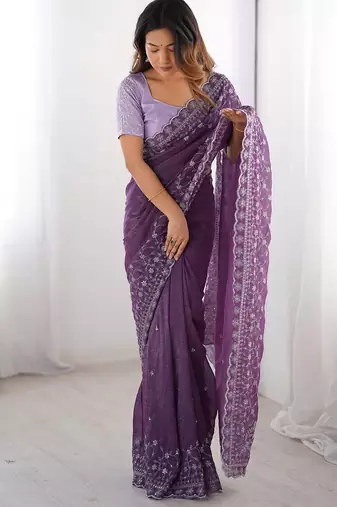 lavender crunchy silk blend blend embroidered partywear saree