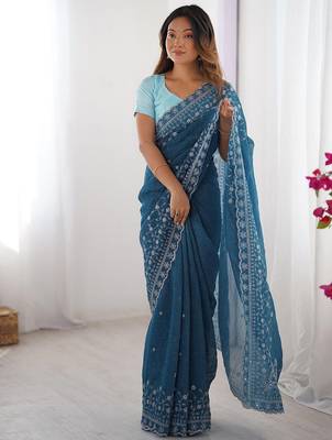 blue crunchy silk blend blend embroidered partywear saree 1