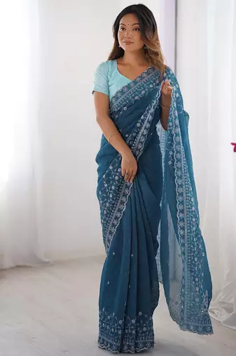 blue color crunchy silk blend blend fabric embroidered partywear saree
