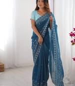 blue color crunchy silk blend blend fabric embroidered partywear saree