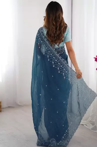 blue crunchy silk blend blend embroidered partywear saree