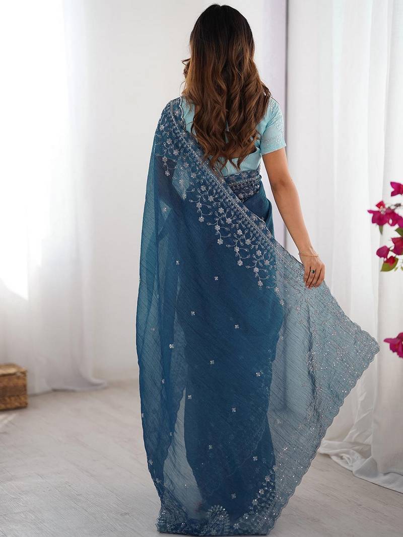 blue color crunchy silk blend blend fabric embroidered partywear saree