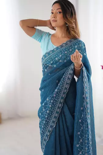 blue crunchy silk blend blend embroidered partywear saree