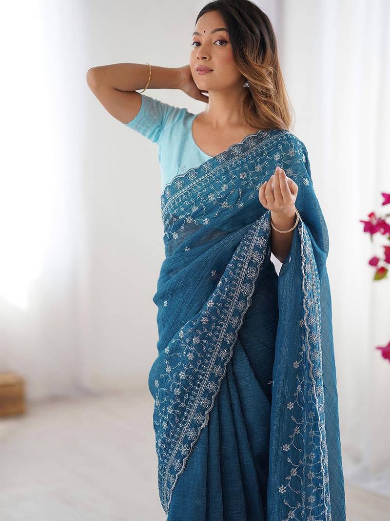 blue color crunchy silk blend blend fabric embroidered partywear saree