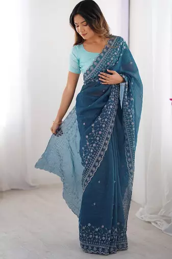 blue crunchy silk blend blend embroidered partywear saree