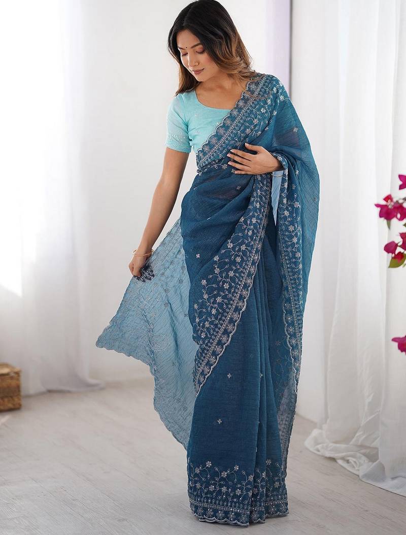 blue color crunchy silk blend blend fabric embroidered partywear saree
