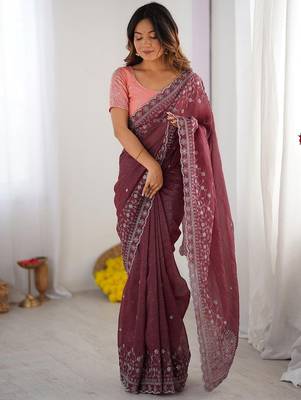 wine crunchy silk blend blend embroidered partywear saree 1