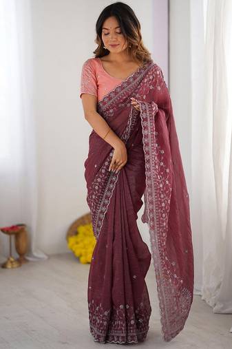 wine color crunchy silk blend blend fabric embroidered partywear saree
