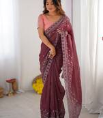 wine color crunchy silk blend blend fabric embroidered partywear saree