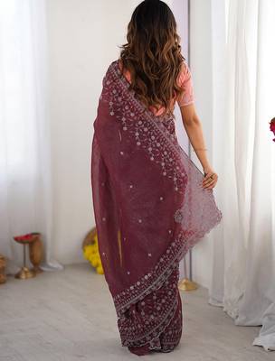 wine crunchy silk blend blend embroidered partywear saree 2