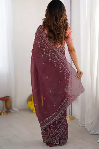 wine crunchy silk blend blend embroidered partywear saree