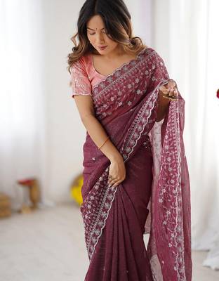 wine crunchy silk blend blend embroidered partywear saree 3