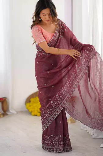 wine crunchy silk blend blend embroidered partywear saree
