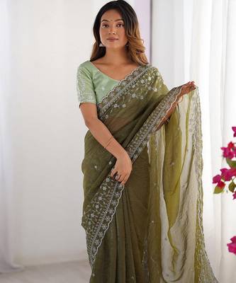 mahendi crunchy silk blend blend embroidered partywear saree 1