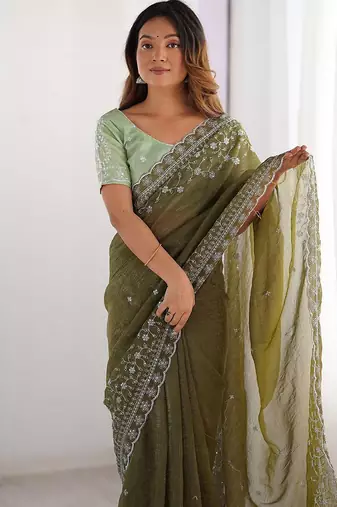 mahendi color crunchy silk blend blend fabric embroidered partywear saree