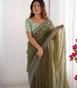 mahendi color crunchy silk blend blend fabric embroidered partywear saree
