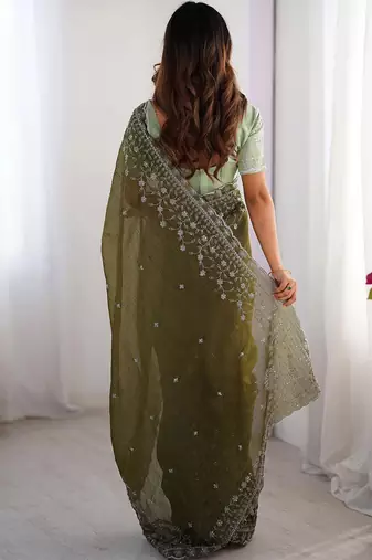 mahendi crunchy silk blend blend embroidered partywear saree