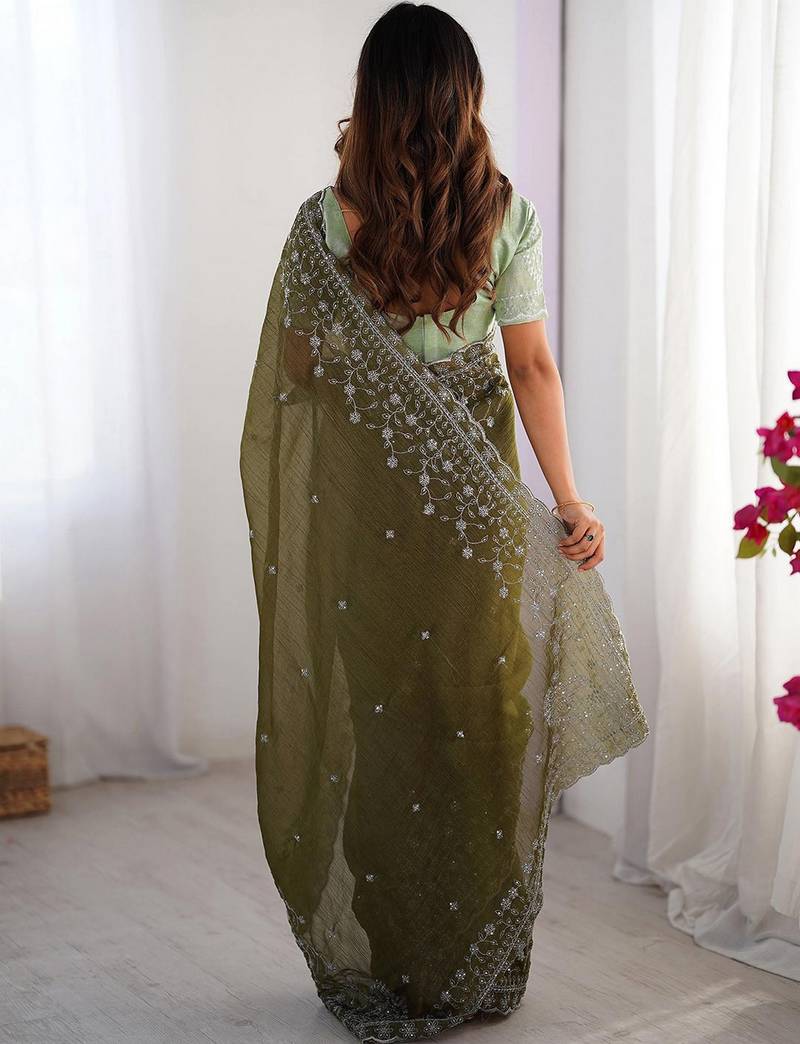 mahendi color crunchy silk blend blend fabric embroidered partywear saree