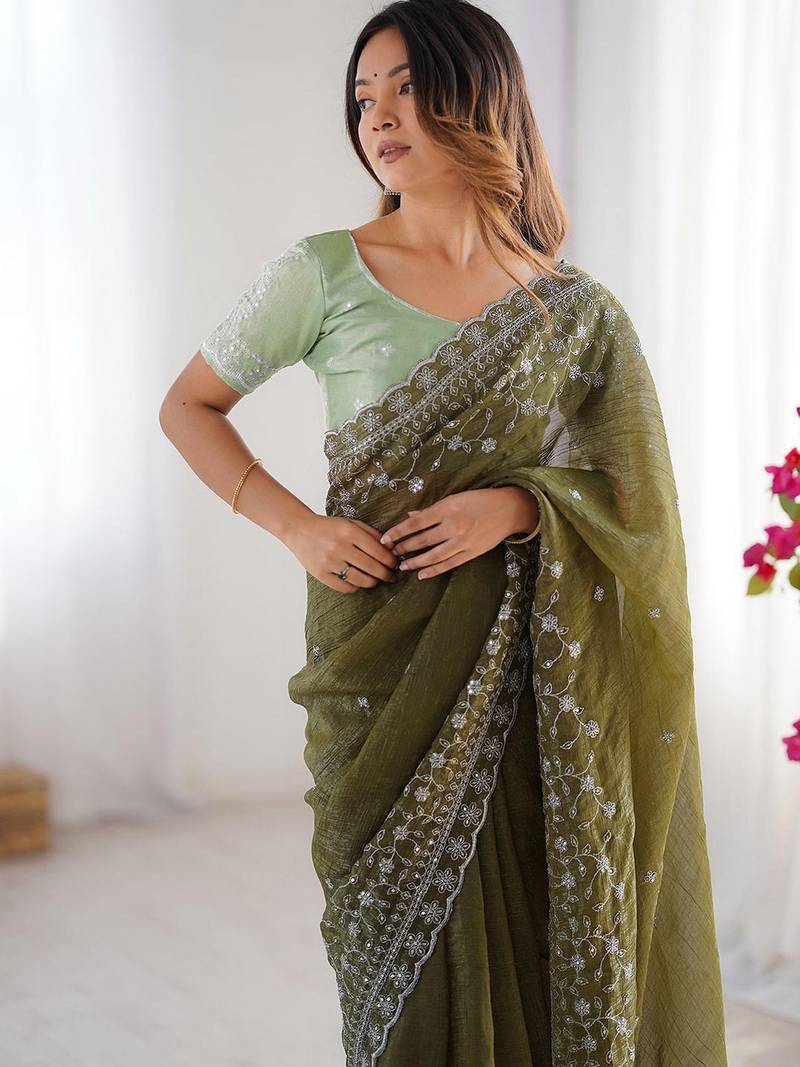 mahendi color crunchy silk blend blend fabric embroidered partywear saree