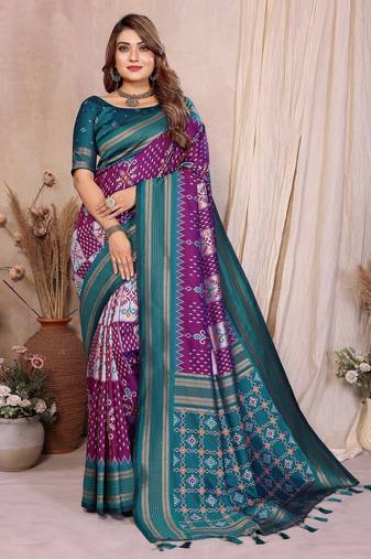 purple color soft silk blend blend fabric ikkat weaving designer traditional partywear saree