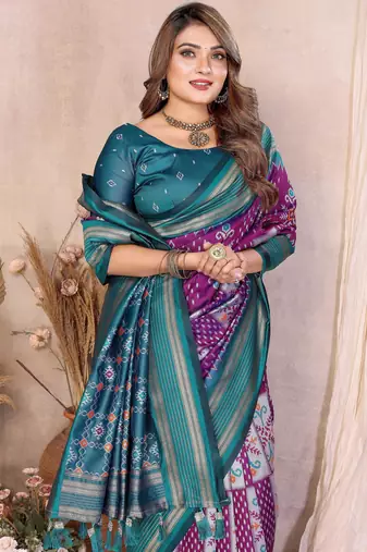 purple soft silk blend blend ikkat weaving traditional partywear saree