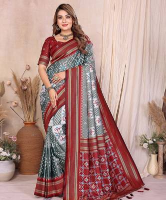 grey soft silk blend blend ikkat weaving traditional partywear saree 1