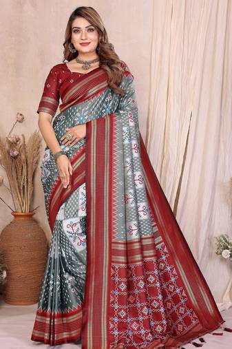 grey color soft silk blend blend fabric ikkat weaving designer traditional partywear saree