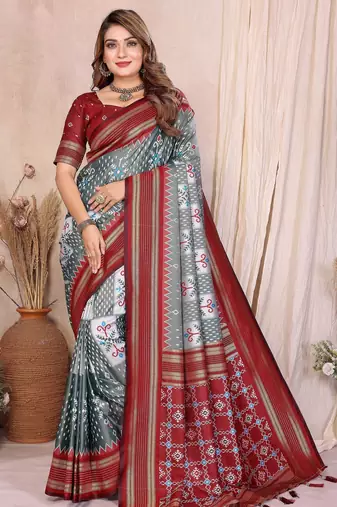 grey color soft silk blend blend fabric ikkat weaving designer traditional partywear saree