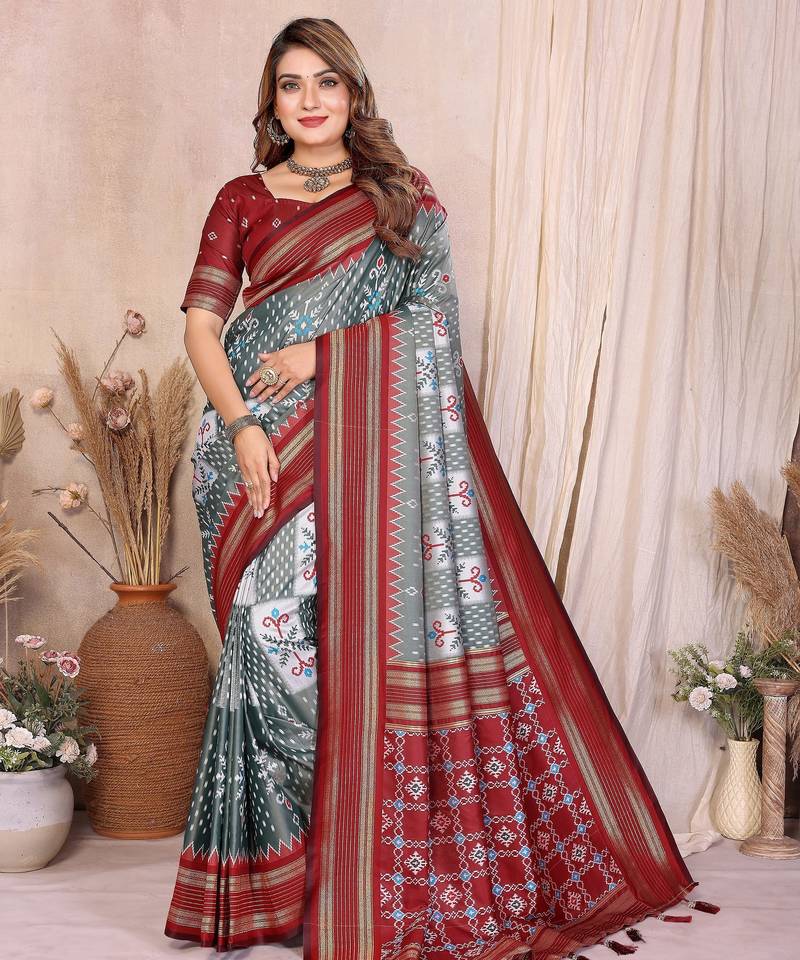 grey color soft silk blend blend fabric ikkat weaving designer traditional partywear saree