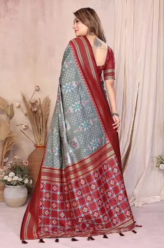 grey soft silk blend blend ikkat weaving traditional partywear saree