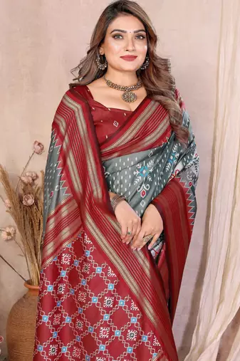 grey soft silk blend blend ikkat weaving traditional partywear saree
