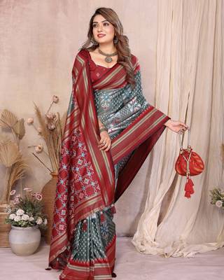grey soft silk blend blend ikkat weaving traditional partywear saree 5