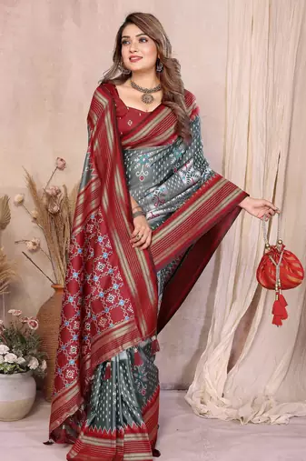 grey soft silk blend blend ikkat weaving traditional partywear saree