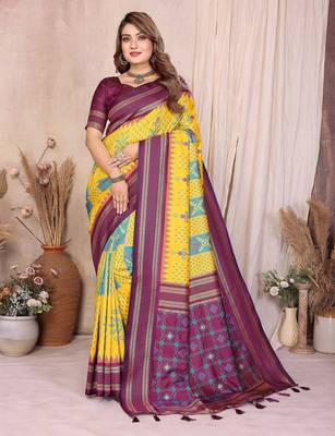 yellow soft silk blend blend ikkat weaving traditional partywear saree 1