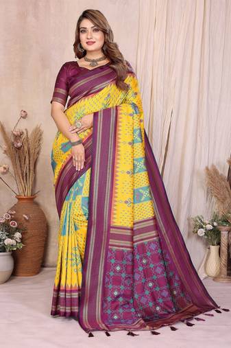 yellow color soft silk blend blend fabric ikkat weaving designer traditional partywear saree