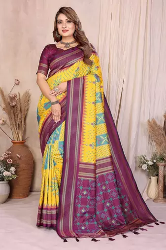 yellow color soft silk blend blend fabric ikkat weaving designer traditional partywear saree