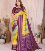 yellow color soft silk blend blend fabric ikkat weaving designer traditional partywear saree
