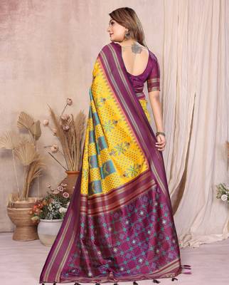 yellow soft silk blend blend ikkat weaving traditional partywear saree 3