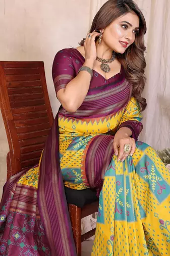 yellow soft silk blend blend ikkat weaving traditional partywear saree