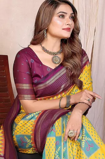 yellow soft silk blend blend ikkat weaving traditional partywear saree