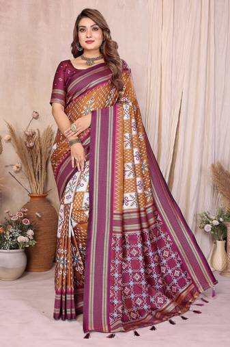 mustard color soft silk blend blend fabric ikkat weaving designer traditional partywear saree